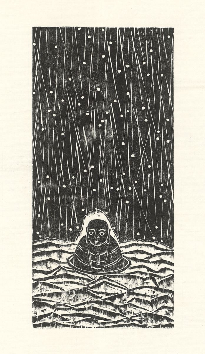 一筆一刀雕刻出來的〈雪夜僧〉。